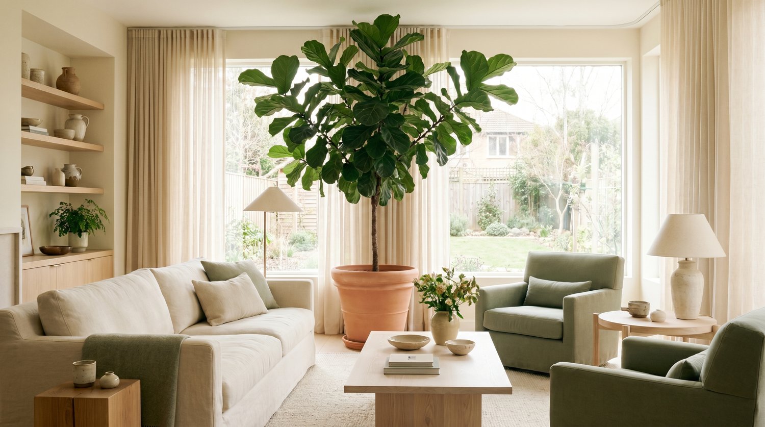 A bright, lived-in room with a thriving fiddle leaf fig in the corner