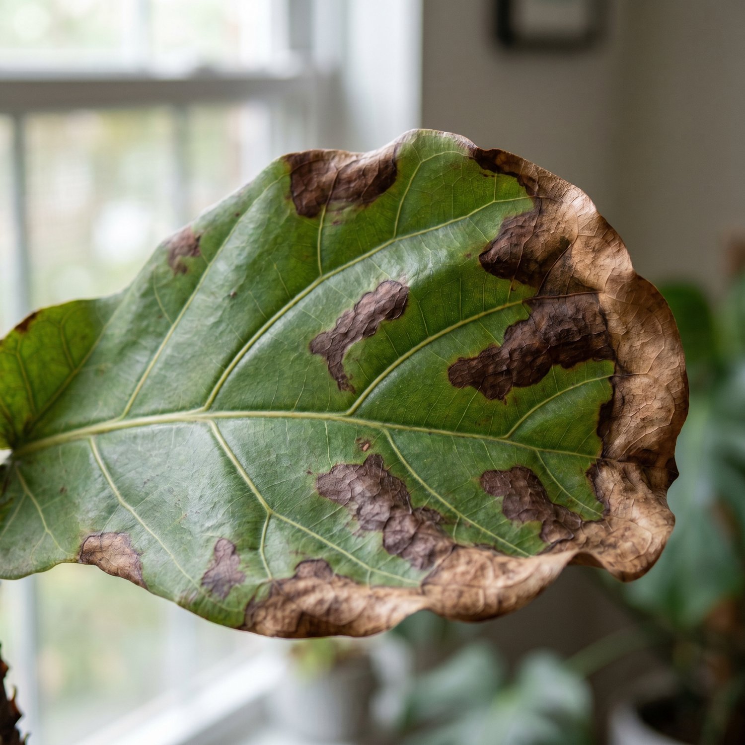 Fiddle leaf fig leaf with brown spots